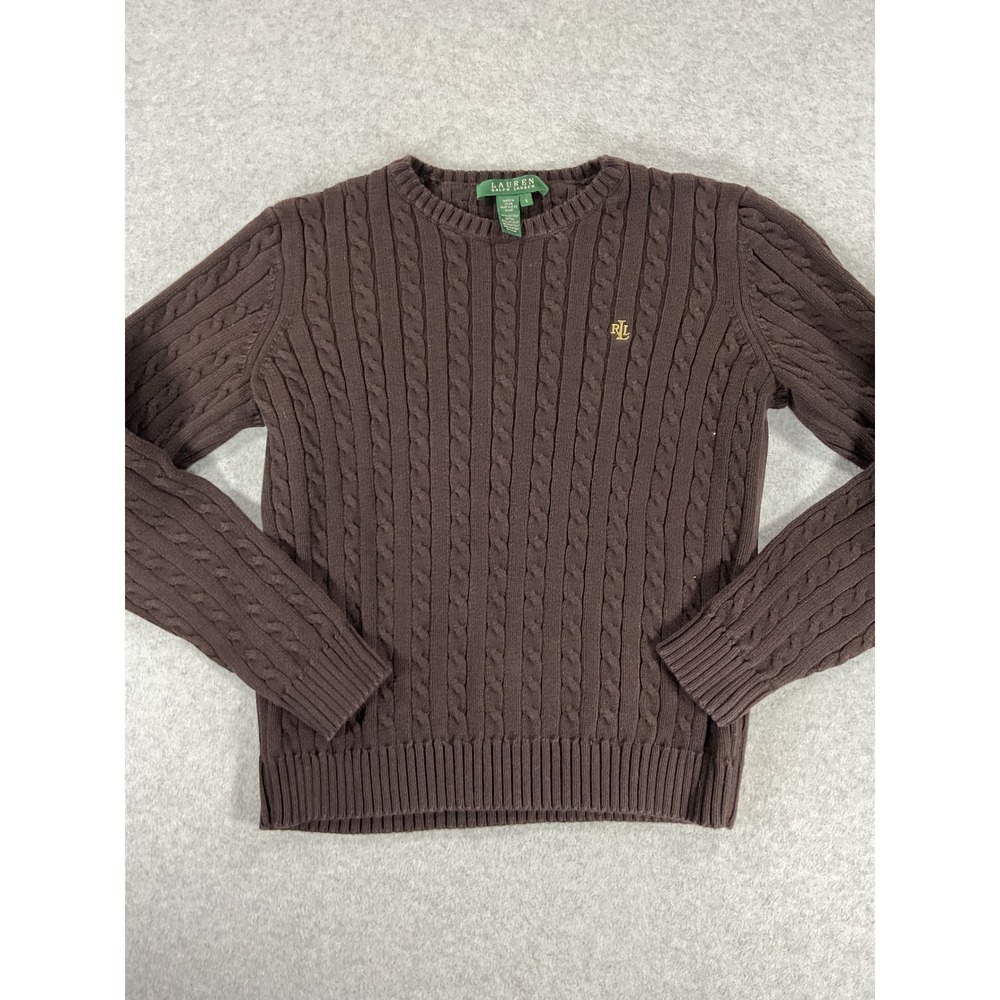 Lauren Ralph Lauren Brown Cable Knit Cotton Crewneck Sweater Small Monogram 2951